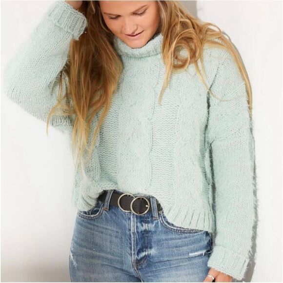 Adyson Parker Chunky‎ Chenille Turtleneck Cable Knit Pullover Sweater Mint Large - Picture 1 of 10